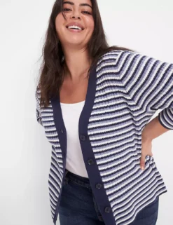 Classic 3/4-Sleeve V-Neck Button-Front Cardigan - Stripe