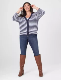 Classic 3/4-Sleeve V-Neck Button-Front Cardigan - Stripe -Cheap Form & Fabric Fashion Store 396501 0000011336 alt1