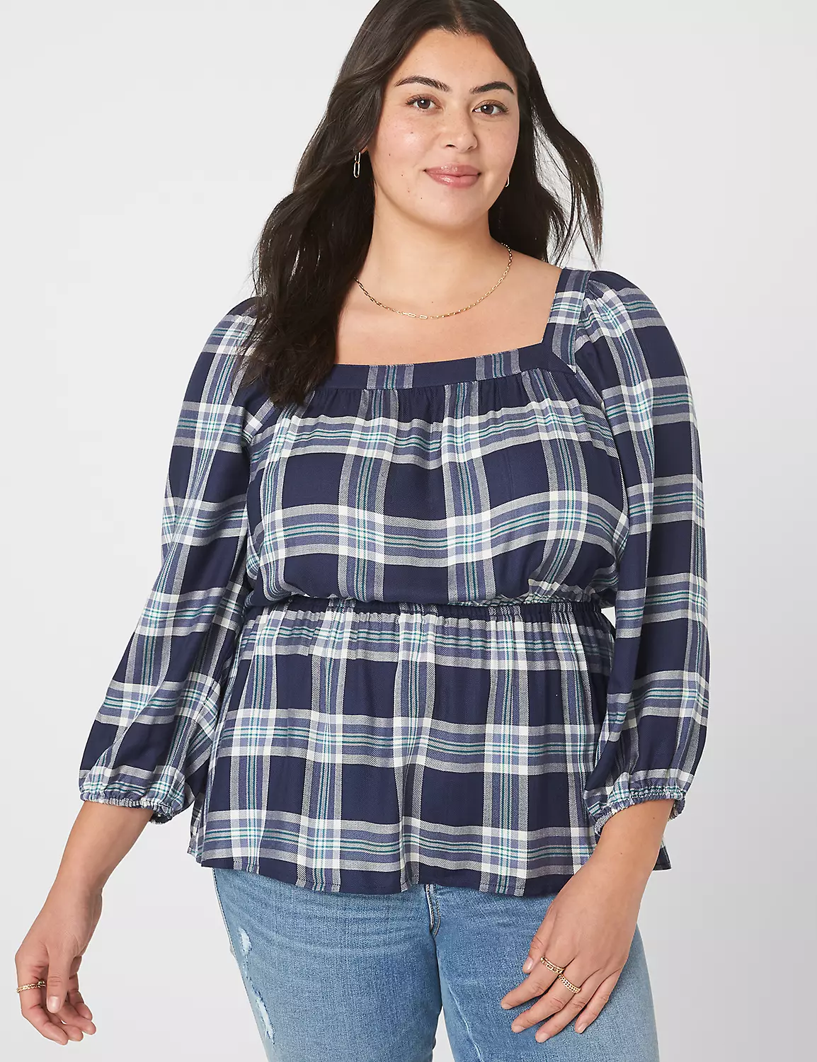 Classic Medium-Sleeve Square-Neck Peplum Blouse 1 Classic Medium-Sleeve Square-Neck Peplum Blouse