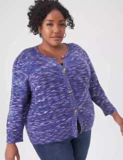 Classic Puff-Sleeve Button-Front Spacedye Cardigan