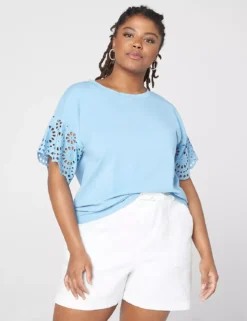 Woven Eyelet-Sleeve Crew-Neck Tee