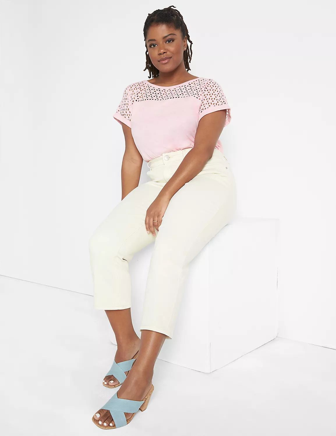 Cap-Sleeve Eyelet Yoke Tee 1 Cap-Sleeve Eyelet Yoke Tee