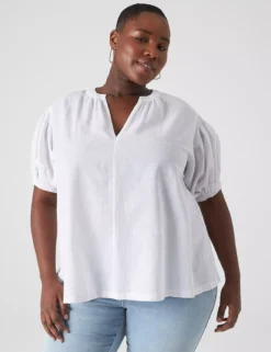 Swing Blouson-Sleeve Linen & Knit Top