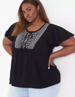 Flutter-Sleeve Embroidered Yoke Top