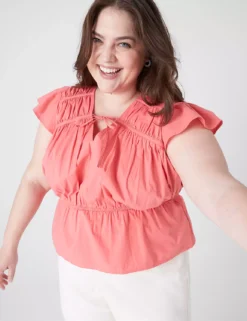 Crop Flutter-Sleeve Tie V-Neck Top