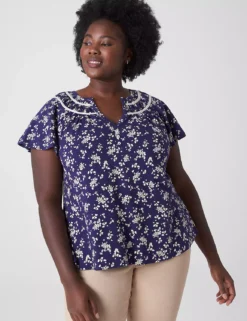 Notch-Neck Shirred-Yoke Top