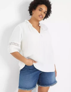 Short-Sleeve Split-Neck Trim Top