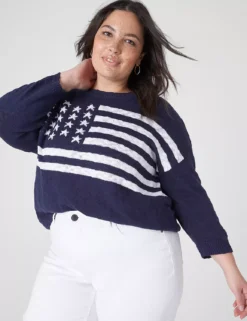 3/4-Sleeve American Flag Pullover Sweater