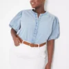 Puff-Sleeve Button-Down Denim Shirt