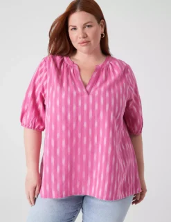 Elasticated Short-Sleeve Ikat Popover Blouse
