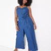 Sweetheart-Neck Chambray Crop Jumpsuit