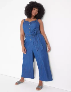 Sweetheart-Neck Chambray Crop Jumpsuit