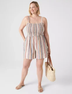 Square-Neck Smocked Linen Romper