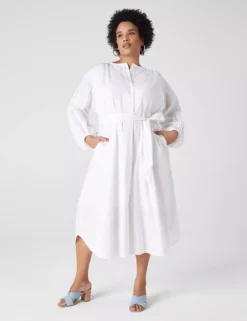 Poet-Sleeve Placket-Detail Midi Dress